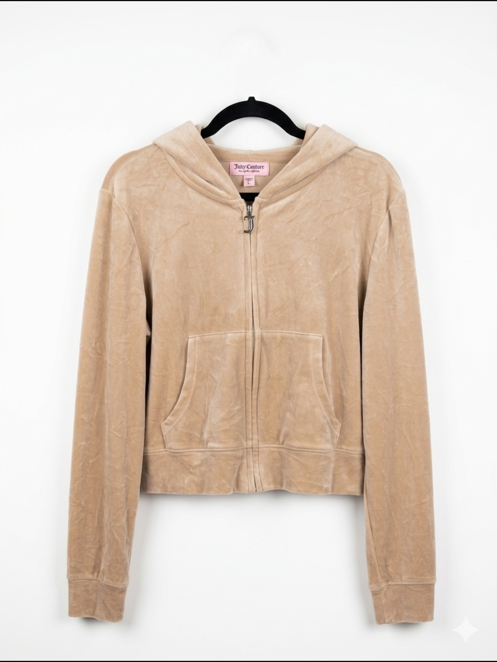 Juicy Couture Tan Velour Rhinestone Logo Zip Up Hoodie - Large